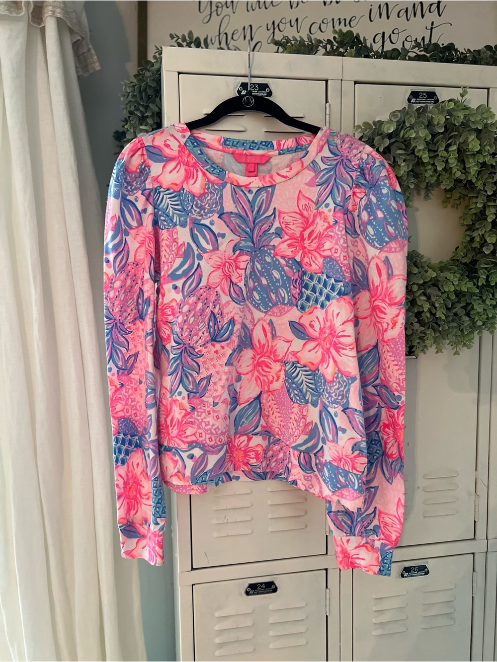 NWOT Lilly Pulitzer Pink & Blue Floral Pineapple Long Sleeve Top